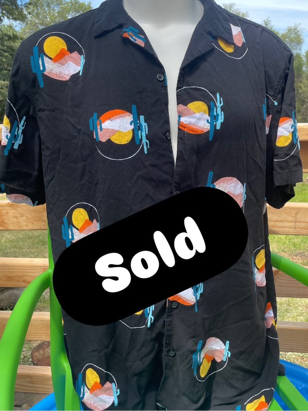 **SOLD***Black Short-Sleeve Button-Down with Desert Graphic light soft fabric
